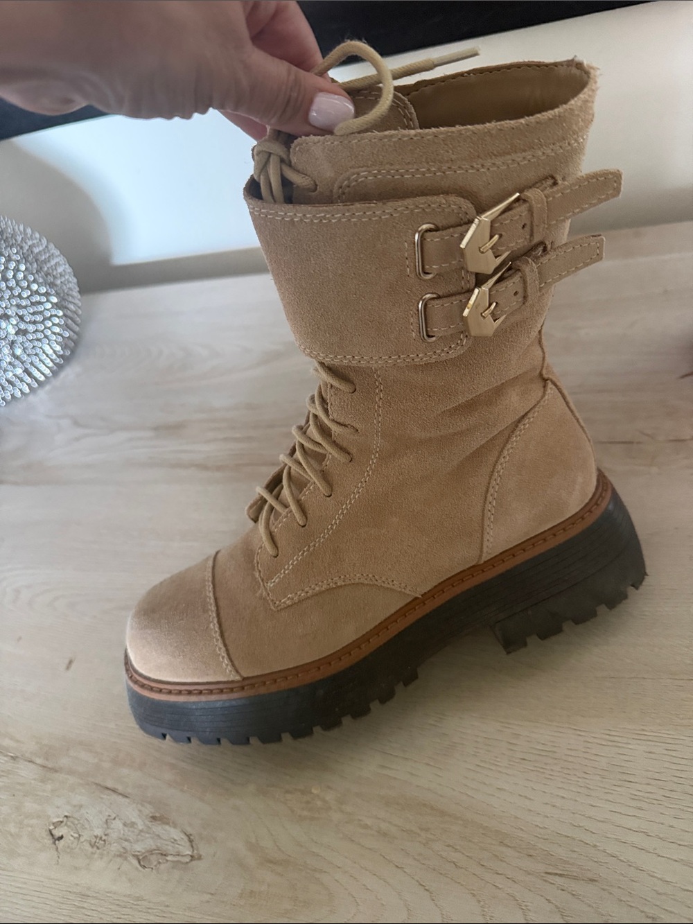 Vince Camuto Tan Suede Lace-Up Buckle Combat Boots